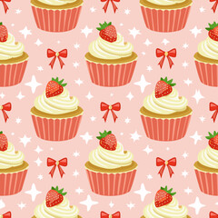 Seamless vector pattern with cute bento strawberry cake and red bows. Girly dessert on pink background. Hand drawn doodle coquette texture for wallpaper, wrapping paper, textile design