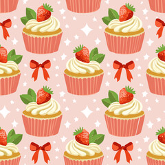 Seamless vector pattern with cute bento strawberry cake and red bows. Girly dessert on pink background. Hand drawn doodle coquette texture for wallpaper, wrapping paper, textile design