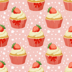 Seamless vector pattern with cute bento strawberry cake and red bows. Girly dessert on pink background. Hand drawn doodle coquette texture for wallpaper, wrapping paper, textile design