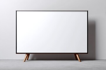 Naklejka premium Blank white TV screen on wooden stand against a white wall