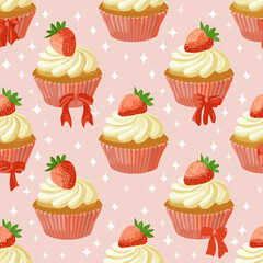 Seamless vector pattern with cute bento strawberry cake and red bows. Girly dessert on pink background. Hand drawn doodle coquette texture for wallpaper, wrapping paper, textile design