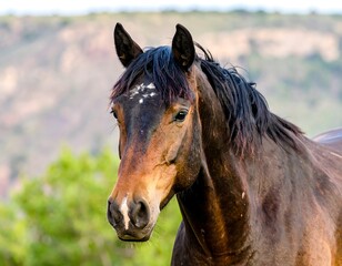 Close-up of a brown horse's head and neck against a blurred mountain backdrop