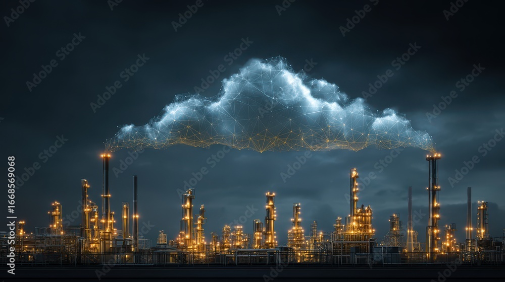 Poster cloud integration, floating data nodes connecting multiple industrial facilities across urban skylin