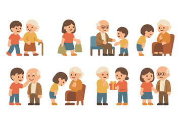 Respecting Elders Icons. Flat vector mini-illustrations Respect for elders in colors children's illustrations: helping walking,