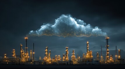 Cloud integration, floating data nodes connecting multiple industrial facilities across urban skyline
