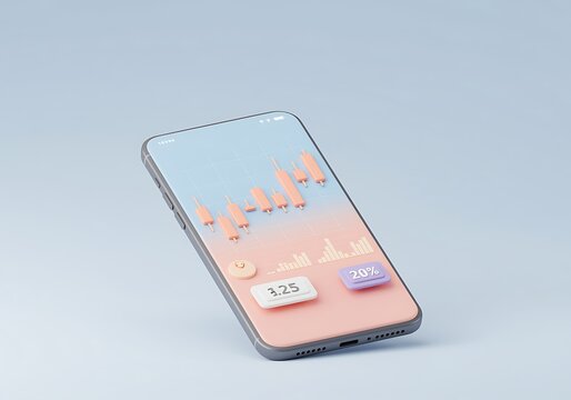 Smartphone showcasing stock market financial data and analysis application with graphs and percentage indicators on a blue background illustrating digital economy