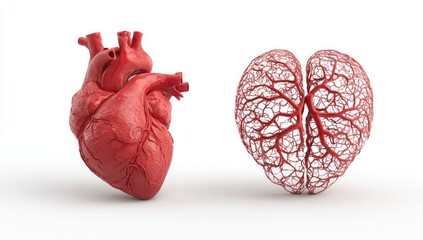 3D anatomical illustration of a solid heart and a heart-shaped vascular system on white background