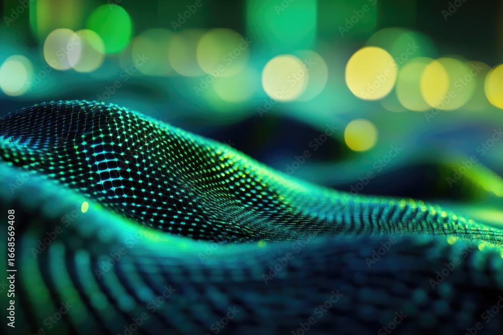 Poster abstract digital wave background with glowing green nodes and blurred lights.