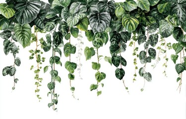 Tropical foliage, various hanging plants, vivid greens