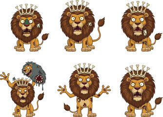 Angry Cartoon Zombie Lion Character Set with Bone Crown and Scary Expressions for Halloween, Fantasy, Horror, and Game Vector Design
