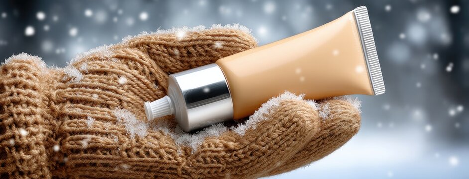 Winter skincare routine features moisturizing cream in a hand wearing a knitted glove amidst falling snowflakes close to a serene snowy landscape - Powered by Adobe