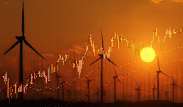 Wind turbines at sunset, overlaid with financial charts