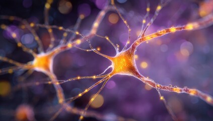 Close-up view of two neurons, highlighted with glowing,  orange-yellow synapses.  Complex network of  nerve cells.  Blurred background