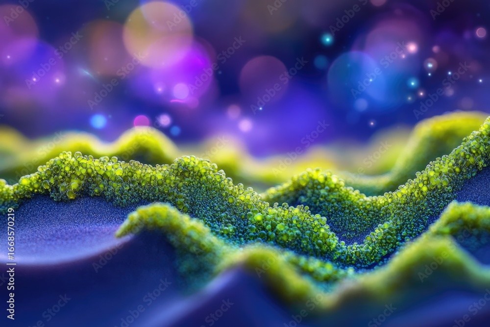 Poster microscopic view of vibrant green, bubble-like structures on a dark, undulating surface, set against