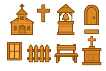Wooden Church Icons. Flat vector mini-illustrations Wooden church in colors children's illustrations: wooden church building,