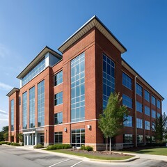 Obraz premium Modern brick office building with large glass windows under a clear blue sky