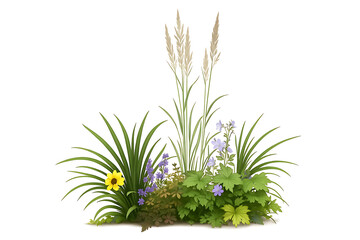 Flowerbed with blooming ornamental grass and other flowers isolated on white background