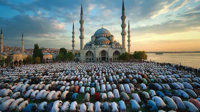 Large group of people praying at mosque during sunset