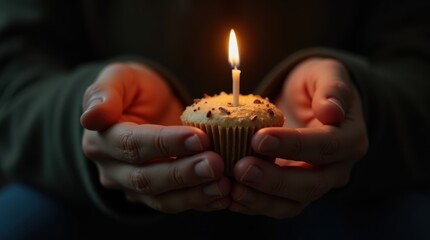 An intimate close-up on an elderly man's hands holding a cupcake with one candle, symbolizing life, wisdom, and a personal moment of reflection.


