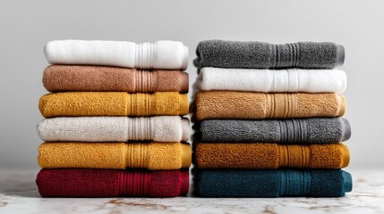 Soft and colorful towels neatly stacked on a marble surface in a bright indoor setting, perfect for adding comfort and style to any bathroom