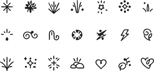 Naklejka premium Hand drawn doodle vector set: stars, hearts, lightning, and decorative elements eps silhouette