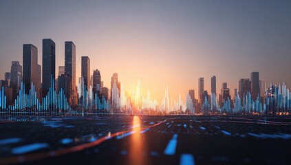 Futuristic city skyline at dawn, overlaid with data visualizations