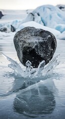 Dark stone impacting frozen water.