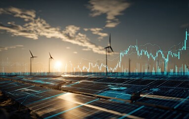 Solar panels and wind turbines at sunset, overlaid with financial charts (1)