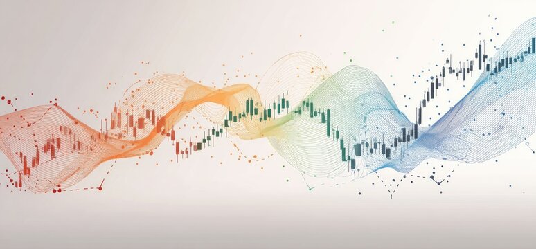 Abstract chart illustration of financial data with flowing lines and candlestick patterns - Powered by Adobe