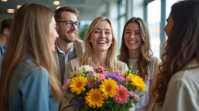 Happy diverse coworkers celebrating a female colleague's birthday, giving her a bouquet of flowers in a modern, sunlit office, showing team spirit and appreciation.