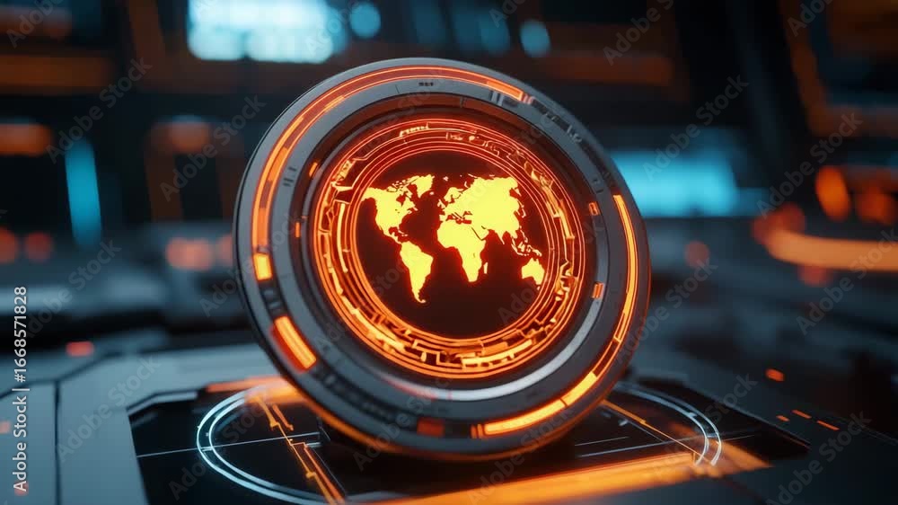 Poster futuristic interface with world map in warm color palette