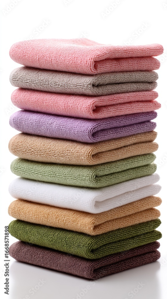 Poster Stacked towels in various colors neatly arranged on a shelf in a bathroom setting emphasizing organization and cleanliness