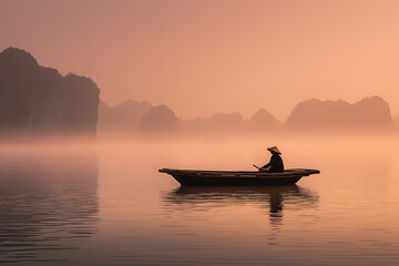 Obraz premium AI surreal neon landscape: Lone fisherman on wooden boat finds peace at sunrise in Ha Long Bay, feeling tranquility of moment