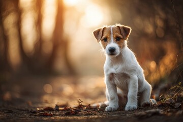 Puppy sits in sunlit forest path