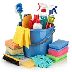 A colorful assortment of household cleaning supplies and tools organized in a blue bucket