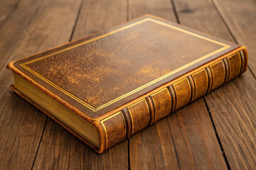 Obraz premium Old book with a worn leather cover on wood