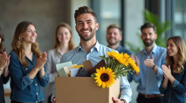 A smiling young man holding a farewell bouquet and a box of personal items on his last day at the office, feeling grateful and happy.

