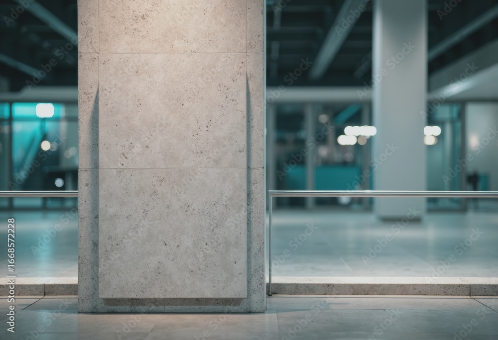 Poster concourse pillar with a blank panel and rail in a modern space