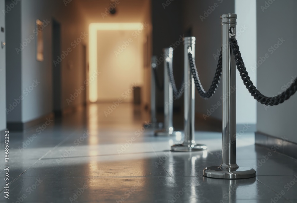 Poster corridor barrier posts with chain creating a defined pathway