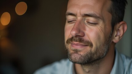 Fototapeta premium Close-up portrait of a man with eyes closed, enjoying a moment of peace