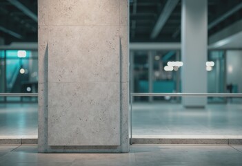 Concourse pillar with a blank panel and rail in a modern space