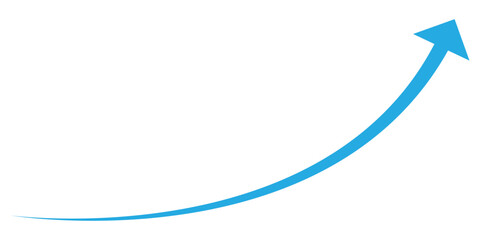 A bright blue upward curving arrow indicating progress and growth isolated on transparent background
