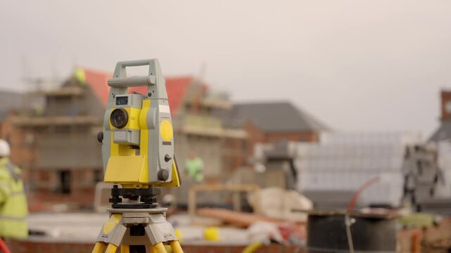 Surveying equipment setup on a construction site for precise measurements and planning of new buildings during the day