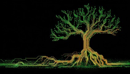Circuit board tree against black background.  A stylized digital tree, its branches and roots composed of intricate circuit board traces, in lime green and orange/gold tones.