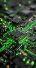 Close-up of a circuit board, highlighted with glowing green traces.  Intricate network of components and pathways