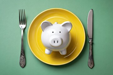 and keyword list

 Piggy bank served on plate with cutlery, representing money/finance concept