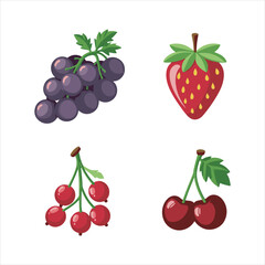 Fresh Red and Purple Fruits Vector Illustration,Colorful Fruit Set with Strawberry Grapes Cherry,Flat Style Berry and Fruit Collection,Assorted Berries and Fruits Vector Design,Cartoon Red Fruits 