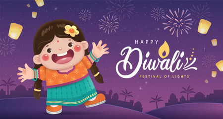 Happy Diwali poster with a cute little Indian girl celebrating Diwali festival.

