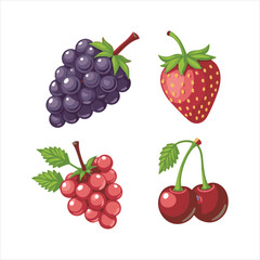 Fresh Red and Purple Fruits Vector Illustration,Colorful Fruit Set with Strawberry Grapes Cherry,Flat Style Berry and Fruit Collection,Assorted Berries and Fruits Vector Design,Cartoon Red Fruits 