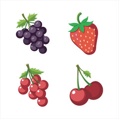 Fresh Red and Purple Fruits Vector Illustration,Colorful Fruit Set with Strawberry Grapes Cherry,Flat Style Berry and Fruit Collection,Assorted Berries and Fruits Vector Design,Cartoon Red Fruits 